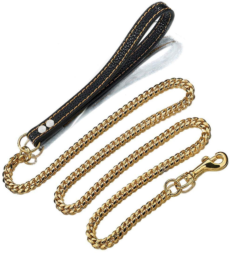 Strong Dog Chain Gold Leash Long 3FT 4FT 5FT 18K Stainless Steel 12mm Curb Cuban Link Dog Leash with Comfortable Genuine Leather Handle(Gold, 4FT) 18K Gold 4FT (48inches) - PawsPlanet Australia