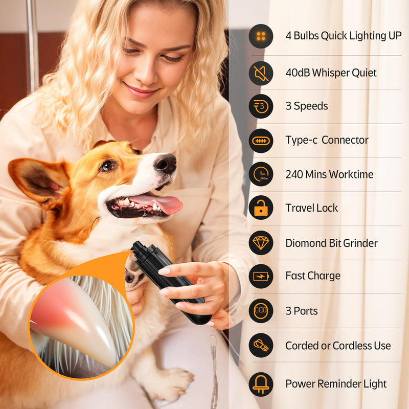 YABIFE 4-Lights Dog Nail Grinder, Easy Quick Locate Dog Nail Trimmers, for Puppy Paw Toenails or Pets from Small, Medium to Large, with Travel Lock, Whisper Quiet, Heavy Duty 3 Speeds D - Black - PawsPlanet Australia