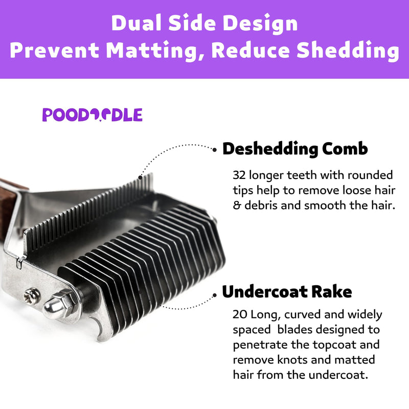 2 in 1 Dogs Cats Dematting Grooming Comb, Perfect Deshedding Undercoat Rake for Poodle & Goldendoodle, Efficiently Detangling Shedding Loose Hair & Matted Fur, All Long Haired Pet (Dark) Dark Walnut