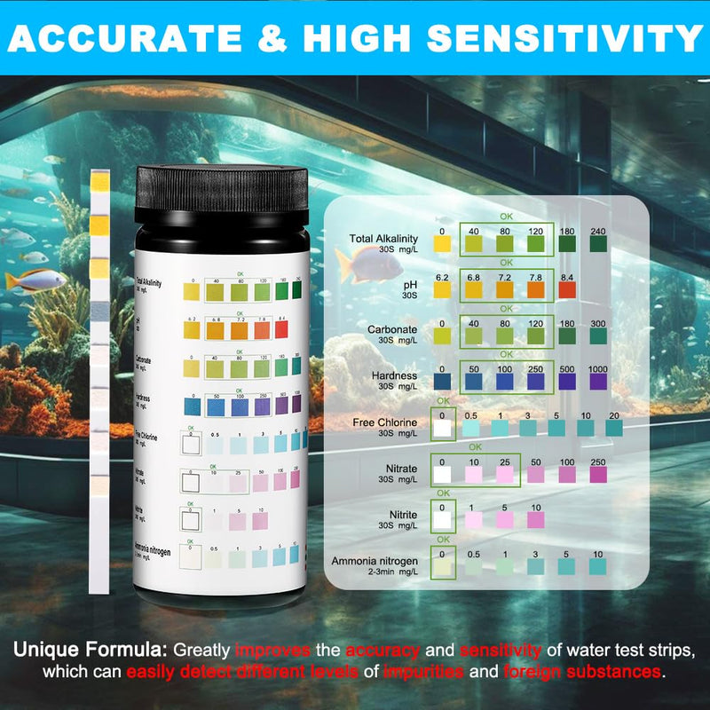 DaToo 8 in 1 Aquarium Test Kit Fish Tank Test Strips Accurate Water Quality Testing Strips for Ammonia PH Total Alkalinity Carbonate Hardness Free Chlorine Nitrate Nitrite Temperature (100 Strips)