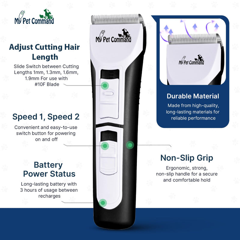 My Pet Command Professional Dog Clippers for Grooming, Cordless Rechargeable Pet Trimmers, Heavy Duty Dog Clippers for Thick Coats, Low Noise, Light Weight - PawsPlanet Australia