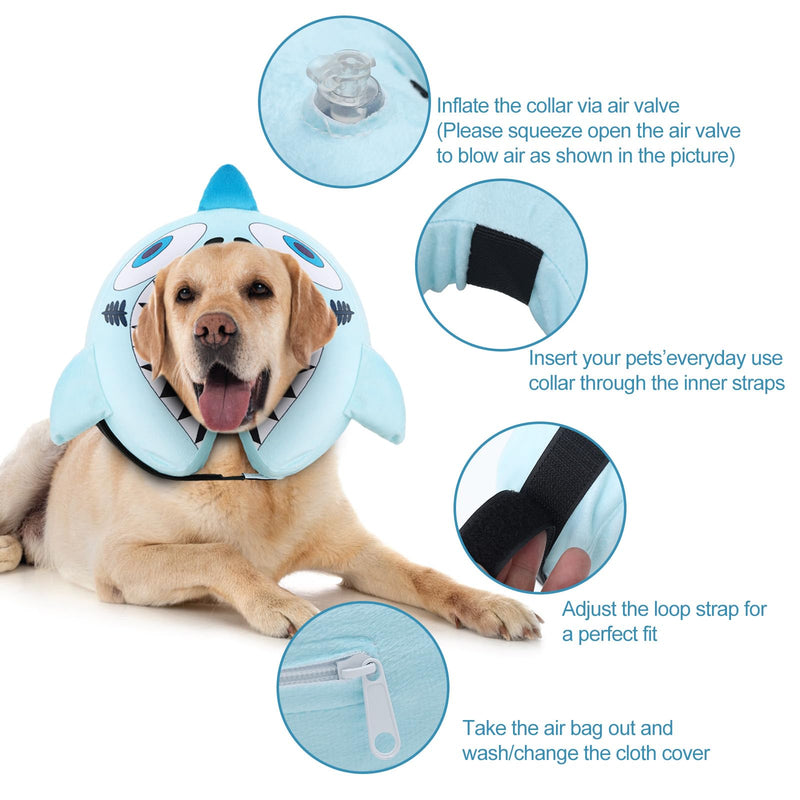 CuteBone Inflatable Dog Donut Collar with Removable Soft Fleece Covers for Small/Medium/Large Dogs and Cats After Surgery GWB12M Big Shark Medium - PawsPlanet Australia