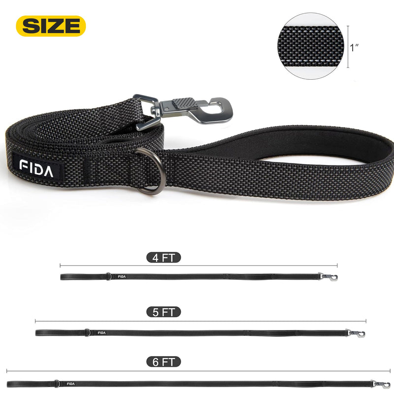 Fida 4 FT Heavy Duty Dog Leash with 2 Comfortable Padded Handles, Traffic Handle & Advanced Easy Snap Hook, Reflective Walking Lead for Large, Medium & Small Breed Dogs (4 FT x 1" Wide, Black) 4 Feet (Pack of 1) - PawsPlanet Australia
