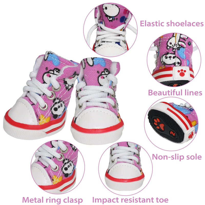 Pet Dog Shoes, BESUNTEK 4Pcs Puppy Canvas Sport Sneaker Boots for Outdoor Walking and Sports, Non-Slip Paw Protective Cover with Graffiti Design for Hot Pavement and Casual(Pink, #2) Pink - PawsPlanet Australia