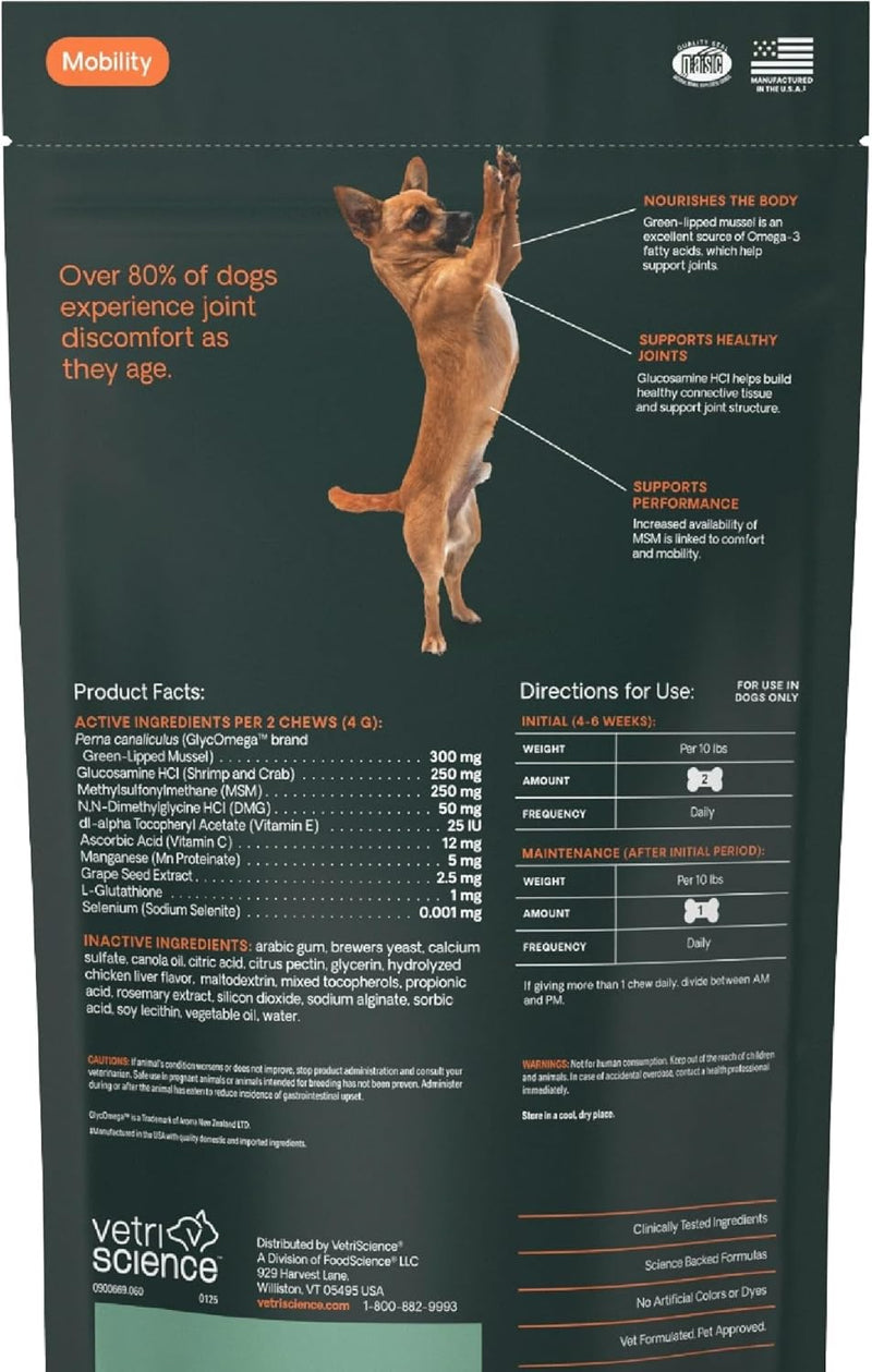 VETRISCIENCE Glycoflex 3 Maximum Strength Hip & Joint Support for Small Dogs Under 30lbs - Glucosamine, DMG, MSM & Green Lipped Mussel - Great Tasting - Vet Recommended, (0900669.060) - PawsPlanet Australia
