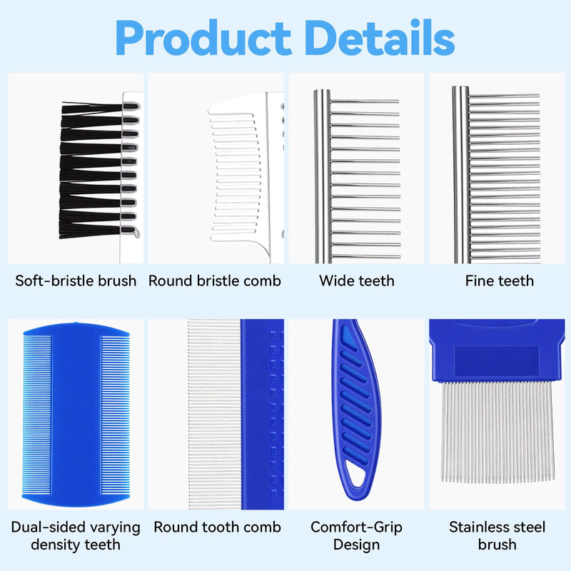 6 Pack Flea Comb, Fine & Wide Tooth Lice Comb for Remove Fleas Lice Eggs, Double-Sided Tear Stain Remover, Stainless Steel Dog Cat Grooming Combs With Rounded Teeth for All Types of Pets