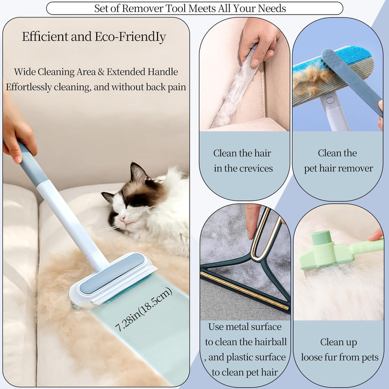 Pet Hair Remover for Furniture, 4 in 1 Multifunctional Lint Brush Pet Hair Tools, Reusable Long Handle Cat Dog Hair Remover Brush for Couch, Carpet, Clothes & Bed, Self-Cleaning Pet Comb - PawsPlanet Australia