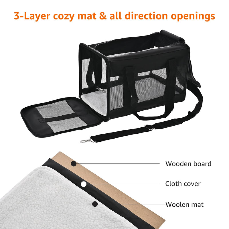 Amazon Basics Airline Approved Soft-Sided Mesh Pet Travel Carrier with Shoulder Strap, Removable Washable Fleece Pad, Top Opening, Ventilation for Dog, Cat, up to 22 pounds, 19.7Lx12Wx12H in., Black 20.0"L x 12.0"W x 12.0"H Without Wheels