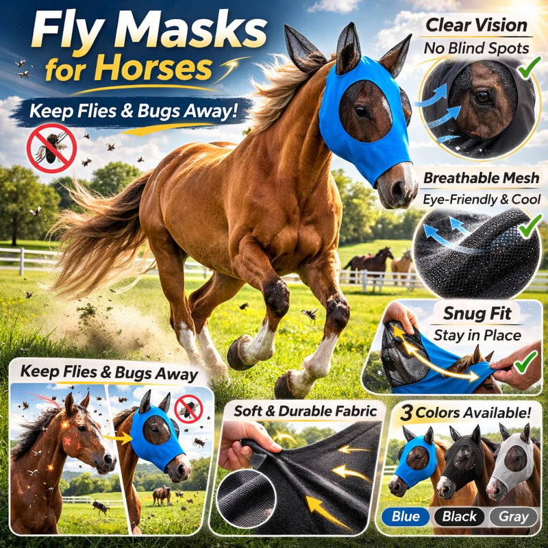 Horse Fly Mask - Arab Equine Fly Mask with Full Coverage for Eye & Ear - Stretchable, UV & Sun Protection Flymask for Horses, Ponies & Mini Horses - Horse Face Cover for Pasture & Trail - 3pack