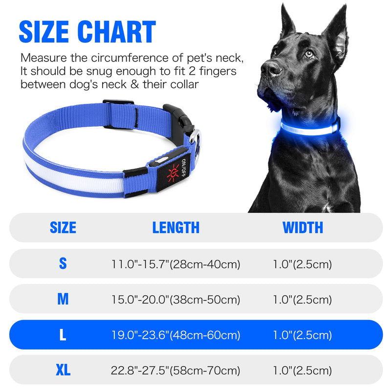 LED Dog Collar, USB Rechargeable Light Up Dog Collars, Adjustable Glow Collars for Dogs,Reusable Safety Dog Collar for Small, Medium, Large Dogs (Blue, Large) Blue - PawsPlanet Australia