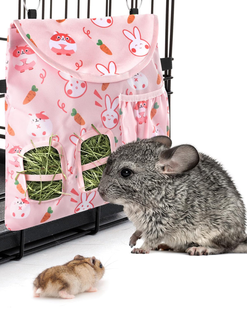 Bissap Rabbit Hay Feeder Bag, 2 Holes Hanging Hay Feeder Guinea Pig Hay Bag with Side Pocket for Rabbits Bunny Chinchillas Hamsters Rats and Other Small Pets Small Animal - S (Pink) ﻿ - PawsPlanet Australia