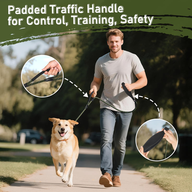 Slip Lead for Dogs, No Pull Training Leash with Double Comfortable Handles and Collar Attachment, Highly Reflective Strong Puppy Rope Leads for Medium Large Dog, Armygreen 13mm*1.8m