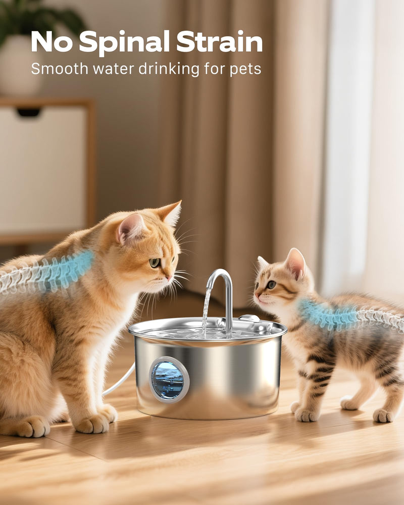 Stainless Steel Cat Water Fountain: Cat Fountain for Drinking - 88oz/2.6L Pet Water Fountain for Cats Inside- Silent Cats Water Bowl Dispenser - Kitty Drinking Fountains - 6 Filters + 3 Sponges Cat Fountain+6 Filters +3 Sponges - PawsPlanet Australia