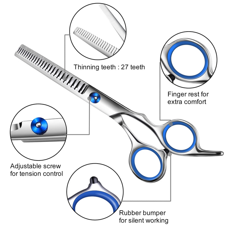 Dog Grooming Scissors with Safety Round Tip,Professional Dog Grooming Kit,Dog Hair Shears Set,Incude Thinning、 Curved、Straight Scissors and Comb.Suitable for The Right Hand Blue 5 in 1 - PawsPlanet Australia