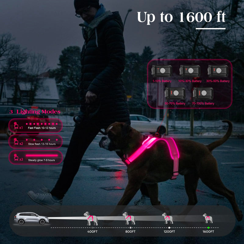 Light Up Dog Harness, Rechargeable Led Dog Harness with Battery Level Indicator, Adjustable Reflective Safety Vest for Night Walking, Soft Mesh Lighted Harness for Medium Large Dogs(5-90lbs) L Pink - PawsPlanet Australia