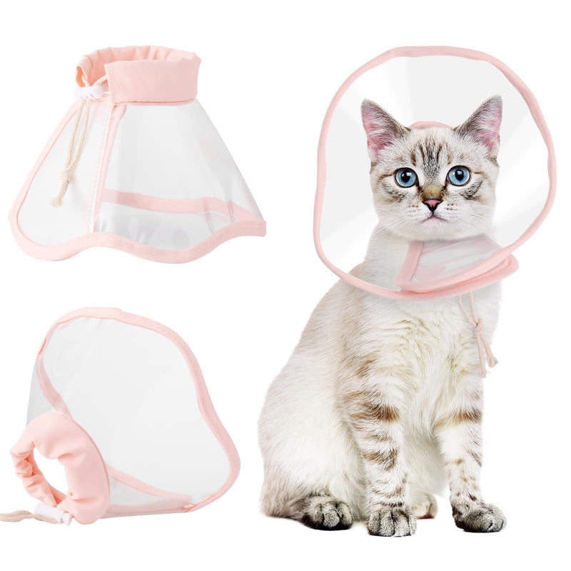 BENCMATE Cat Cone, Drawstrings Cat Cone Collar with Low Noise Fasteners, Transparent Cat Recovery Collar, Licking and Scratching Free Cone, Extra Soft Cat Surgery Collar (Pink,Small) [Neck:7-9"] Small Sakura - PawsPlanet Australia