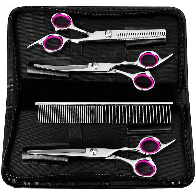 Dog Grooming Scissors, 5 Pcs Stainless Steel Pet Trimmer Kit, Fashion Hair Cutting Grooming Tool for Dogs and Cats - with 6-inch Cutting Scissors, Thinning Shear, Curved Scissors, Grooming Comb C-5 Scissors Set - PawsPlanet Australia