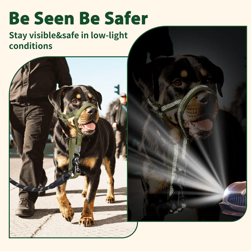 BARKLESS Sturdy No Pull Head Collar for Medium Large Dogs, Gentle Reflective Head Halter with Safety Link, Adjustable Nylon Dog Training Muzzle Leash for Walking Control (Green, L) Green L(Snout 8¾”-10¼”) - PawsPlanet Australia