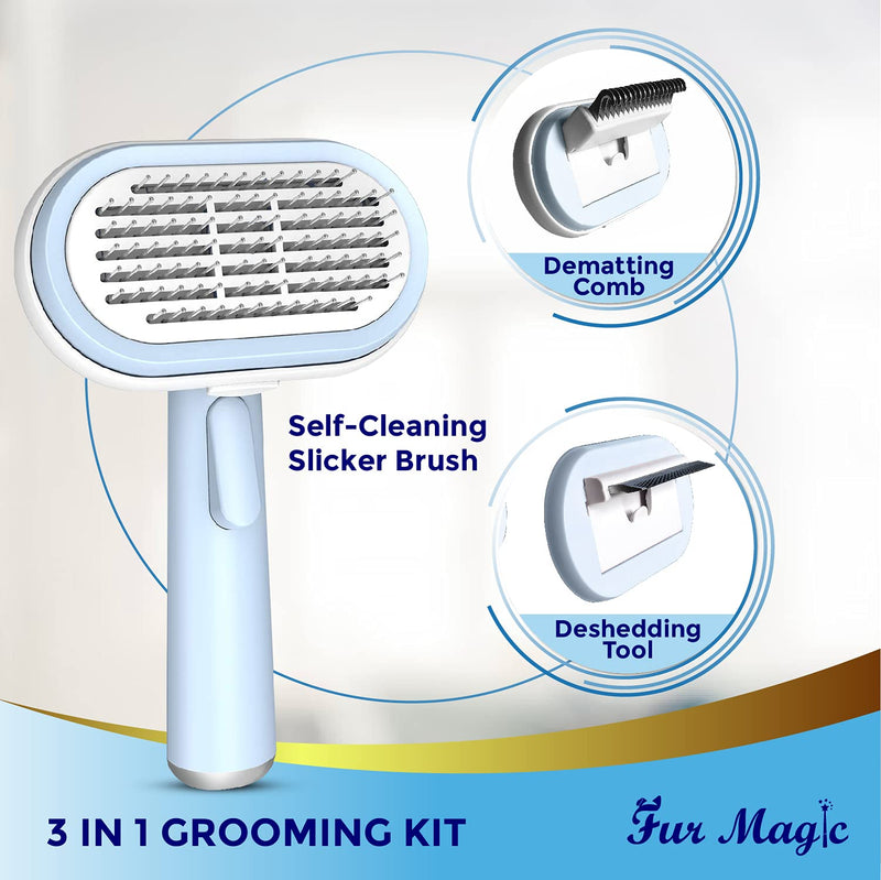 Fur Magic Deshedding Brush, Dematting Tool and Self Cleaning Slicker Brush, 3 in 1 Grooming Kit for Large and Small Dogs and Cats to Reduce Shedding, Blue Blue 3-in-1 Kit