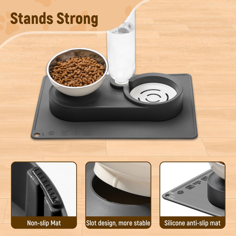 Marchul Raised Cat Bowls with Stand Tilted 15°, Stainless Steel Elevated Food and Water Bowl, Cat Food Bowl with Gravity Water Bottle 500ml, with Non-Slip Silicone Mat, Easy Clean for Cats/Small Dogs Bowl & Water Bottle with Mat