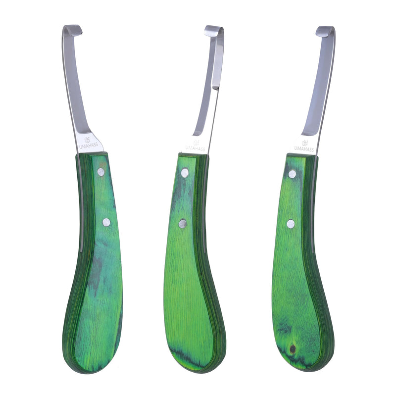 Professional Hoof Knife – Premium Stainless Steel Farrier Knife with Green Wooden Handle | Sharp Hoof Trimming Tool for Horses, Goats & Livestock | Left/Right Hand and Double Edge Use