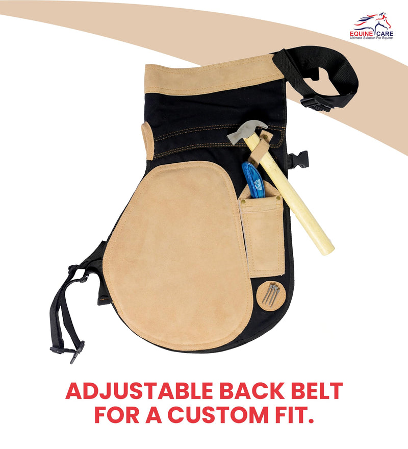 Equine Care Farrier Apron Chaps – 2mm Cowhide Suede Leather, 500 GSM Canvas, 23" Length, Adjustable Waist (28–52"), Ambidextrous Knife Pockets, Magnets & Loops – Horseshoeing & Hoof Trimming. Beige with Black