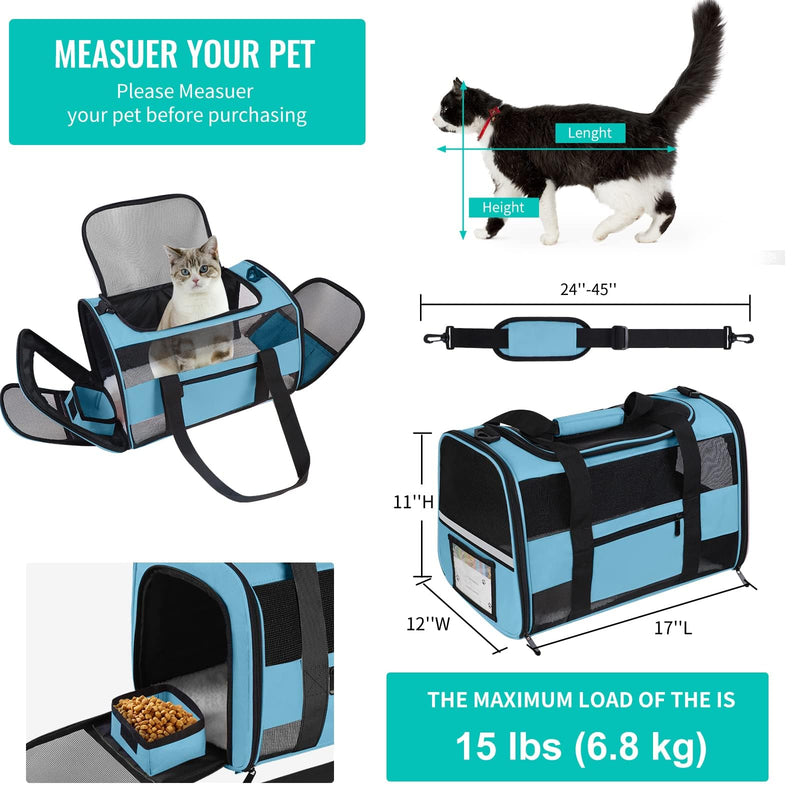 Soft - Sided Pet Carrier for Cats and Small Dogs, Airline - Approved, Blue Travel Tote with Mesh Windows, Foldable Bowl, Shoulder Strap, Oeko - TEX Certified