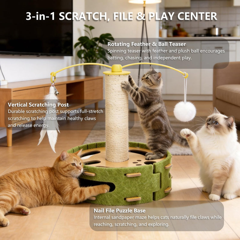 Cat Nail File Enrichment Box with Scratching Post, Sandpaper Scratcher Base, Interactive Cat Scratch Puzzle Box with Rotating Teaser & Bell Balls for Indoor Cats