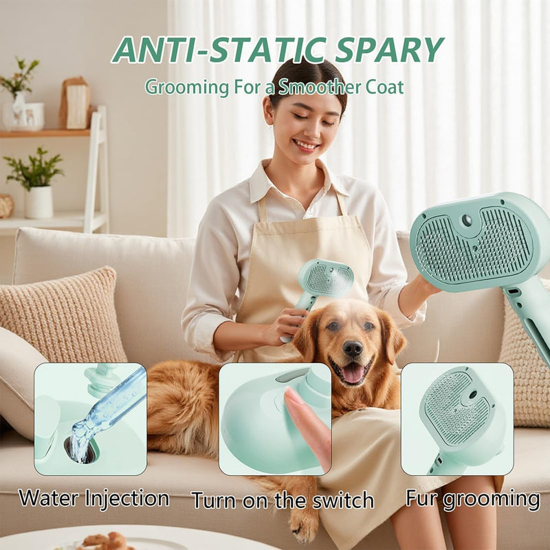 Pet Steam Brush for Dog and Cat，3 in 1 Spray Hair Removal Comb，Steam for Shedding & Grooming，Water Brush for Long and Short Haired Pets Remove Tangled Loose Hairs (Green) Green - Empty Bottle - PawsPlanet Australia