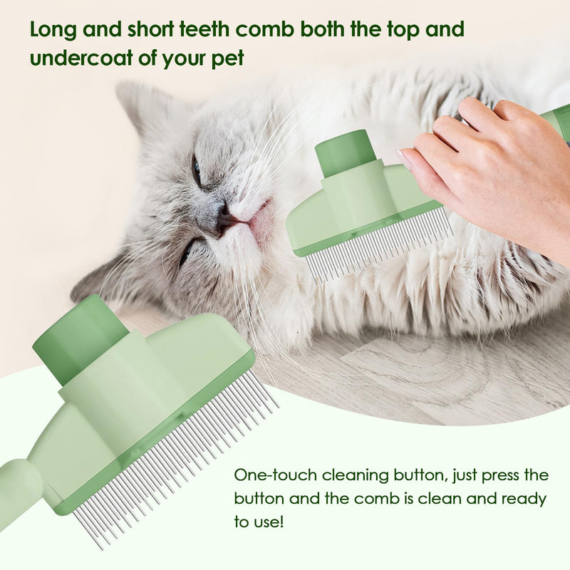 Flea Comb for Cat Hair Removal Comb, 2025 New Self-Cleaning Flea Brush for Cats and Dog, Comfort Cat Hair Removal Tool with Long & Short Stainless Steel Metal Grooming Brush(Green) Green - PawsPlanet Australia