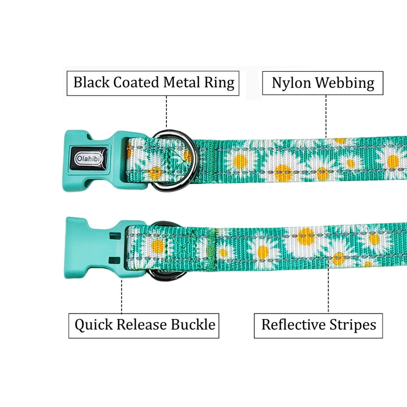 Dog Collar Leash Set, Floral Pattern, with Safety Reflective Strips, 5 ft Matching Leash, Neoprene Padded Handle, Adjustable 4 Sizes for Small Medium Large Dogs.(S, Pink Daisy) Floral Daisy Green