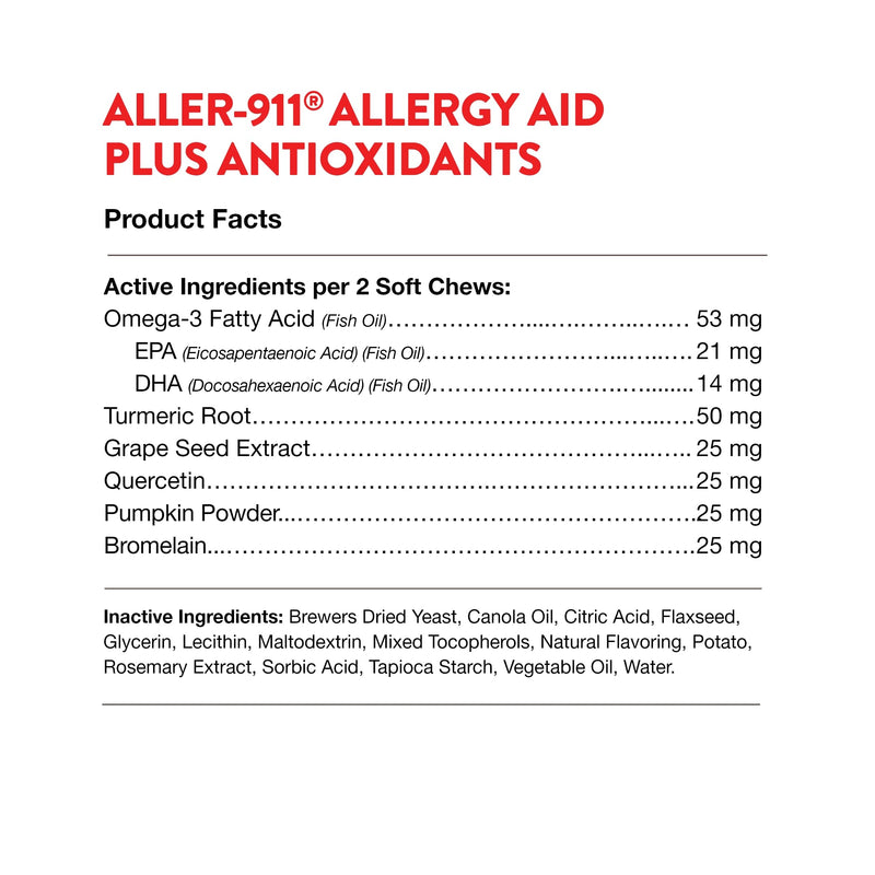 NaturVet Aller-911 Advanced Allergy Aid for Dogs, Cats – Antioxidant-Rich Pet Supplement with Omegas, DHA, EPA – Helps Support Dog Immune System, Cat Respiratory Health, Skin Moisture 180 Soft Chews