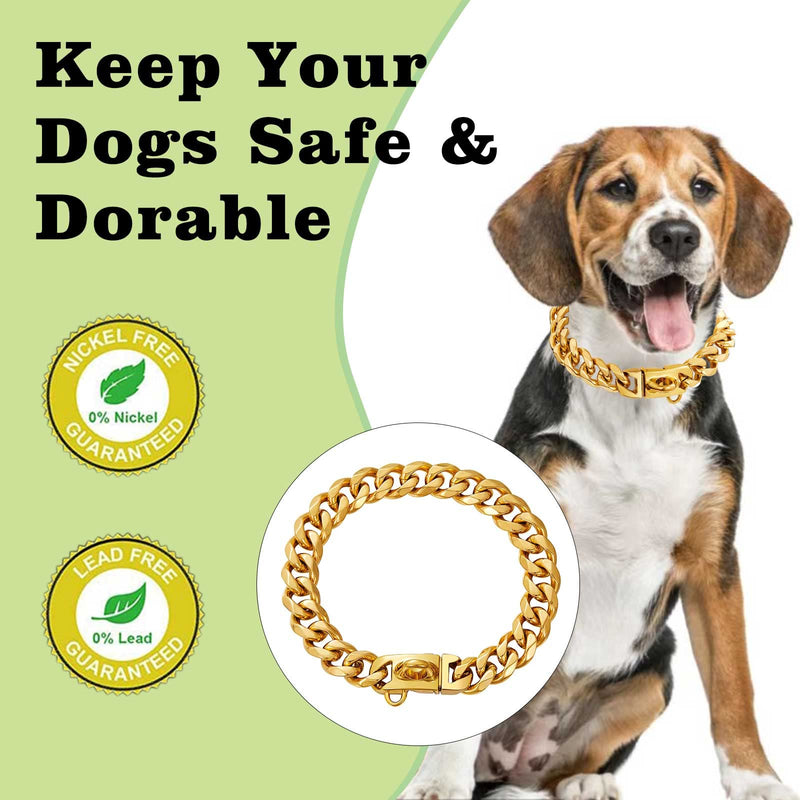 Stainless Steel Silver Gold Dog Collars with Safety Buckle Lock,18K Cuban Link Chain Training Collar,15MM Strong Dog Necklace Heavy Duty Chew Proof for Small Medium Large Dog 8"(for 5"-7" Neck) - PawsPlanet Australia