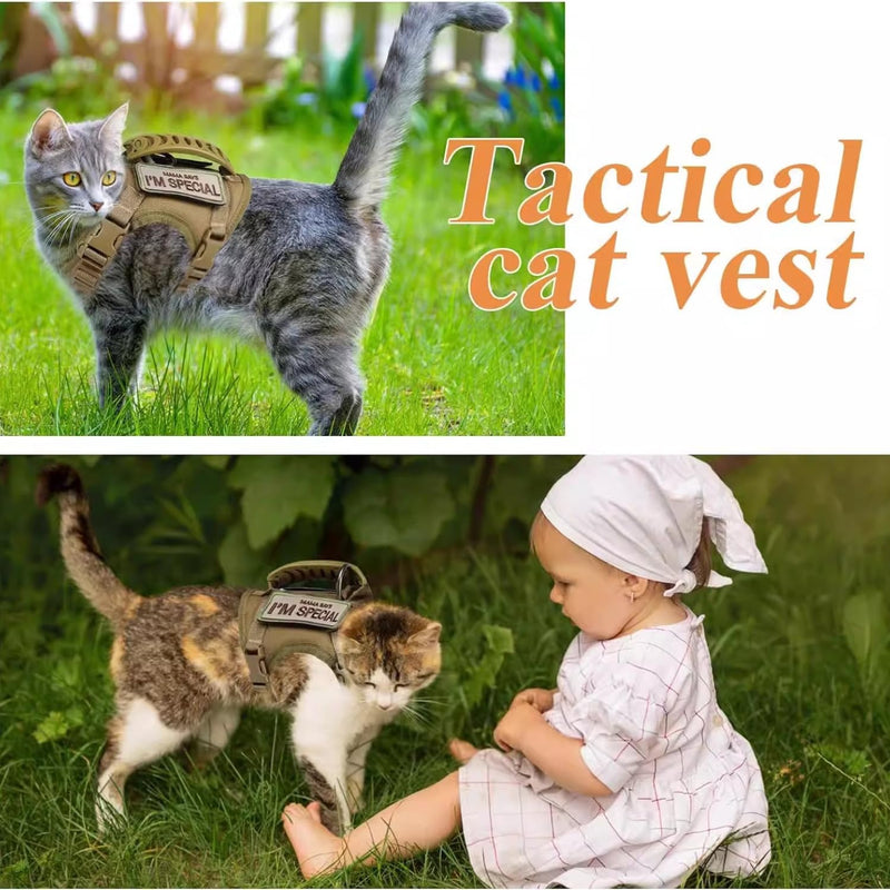 Tactical Cat Harness and Leash Set for Walking Escape Proof Adjustable Large Cat Vest Harness with Patches Soft Mesh Padding Rubber Handle Easy to Control (Khaki Harness & Leash) Khaki Harness & Leash - PawsPlanet Australia