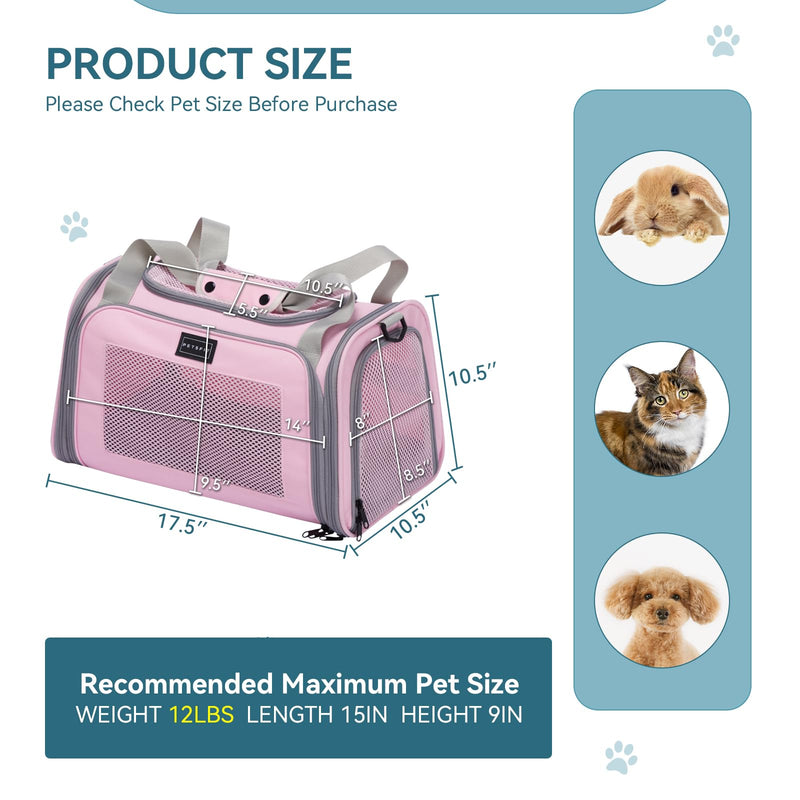 PETSFIT Cat Carrier, Pet Carrier Airline Approved, Cat Travel Carrier for Small and Medium Cats Under 12 Lbs, Soft Sided Kitten Carrier with Cozy Extendable Mat, Cat Carrier Bag, Pink 17.0"L x 10.3"W x 10.3"H - PawsPlanet Australia