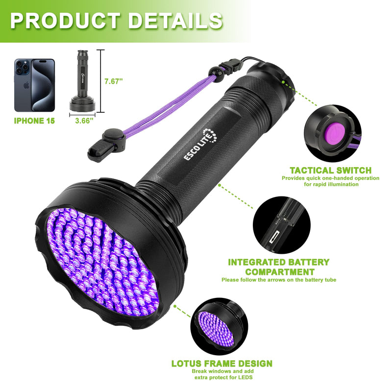 ESCO LITE Blacklight Flashlight 128 LED UV Flashlight, Upgraded Bright 395nm Handheld Ultraviolet Flashlight for Pet Urine Detection, Scorpion Hunting - PawsPlanet Australia
