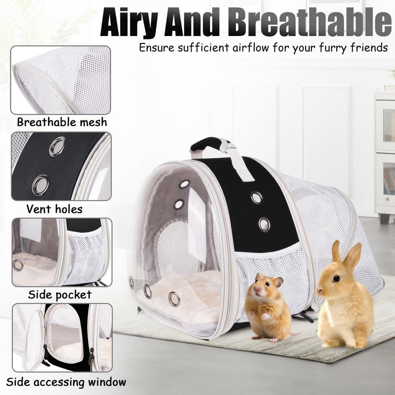 Back Expandable Backpack for Small Animals, Portable Travel Bag Breathable Pet Carrier Cages for Bunny, Guinea Pig, Bearded Dragon, Lizard, Rabbit, Squirrel, Tortoise, Kitten, Sugar Glider Black Back Extension