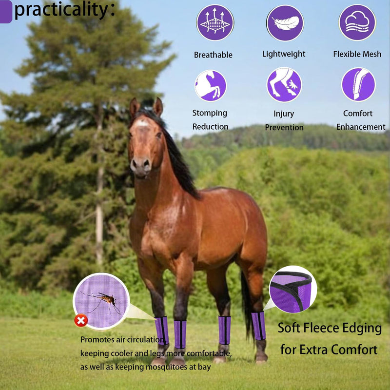 Horse Fly Boots - Breathable Mesh Protection Set of 4, Comfortable Horse Leggings, Equine Supplies for Horses, Reduces Stomping & Leg Fatigue (Purple) - PawsPlanet Australia