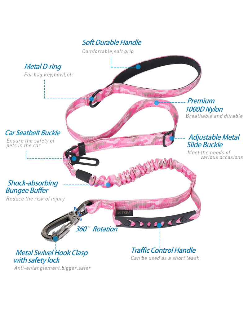 Hotsky Tactical Dog Leash Heavy Duty for Medium Large Dogs That Pull,4-6Ft Strong Bungee Shock Absorbing No Pull Dog Leash with Padded Double Handle and Car Seatbelt,Pink Camo Medium / Large Pink Camo - PawsPlanet Australia