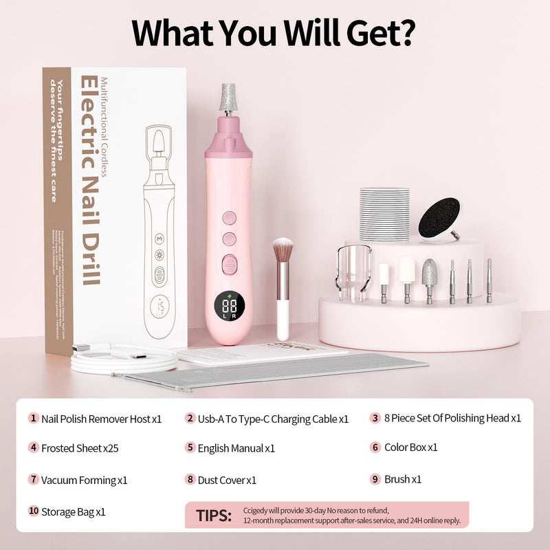 Electric Nail Drill Kit, Nail Filer Electric with LCD & Lamp, Rechargeable Pedicure Tools for Feet, Toenail Grinder for Thick Toenails, Cordless Nail Dremel Tools for Women & Men Pink - PawsPlanet Australia