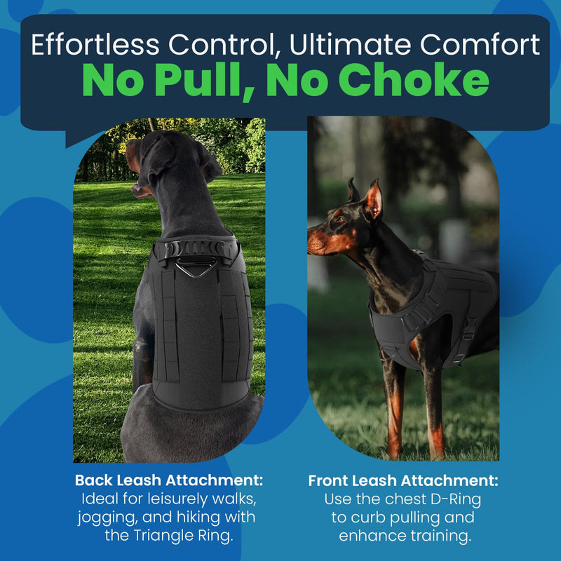 Adjustable Tactical Dog Harness & Leash Set - No-Pull MOLLE Vest with Handle, Front Leash Clip, Hook & Patch - Perfect for Small to Large Dogs (L: Neck 18"-24", Chest 28"-35"), Olive Black L (Neck:18"-24" ; Chest:28"-35") - PawsPlanet Australia