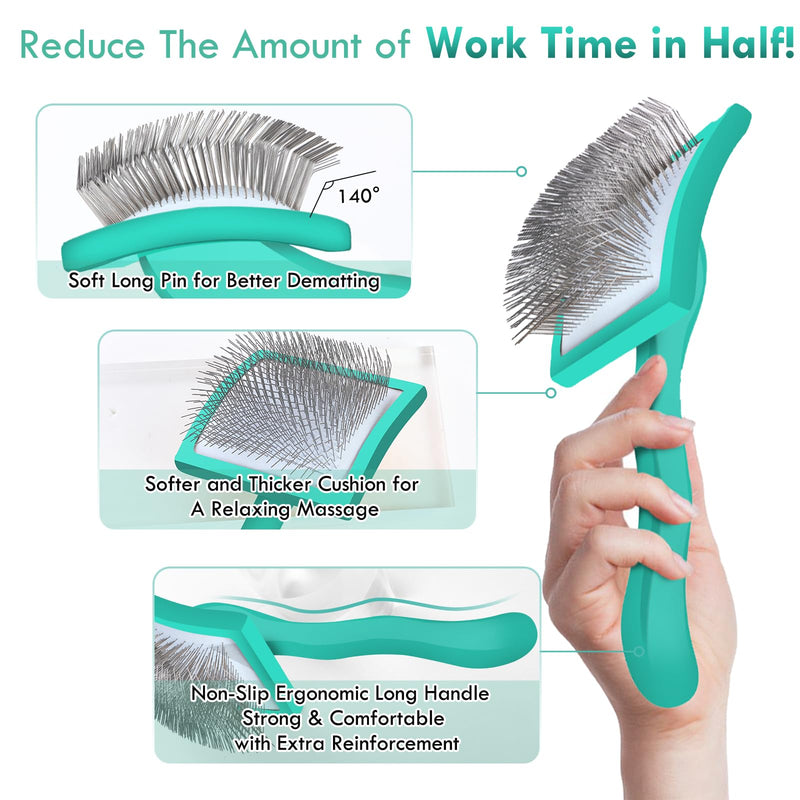 Dog Slicker Brush for Medium or Long Haired Dogs, Long Pin Slicker Brush for Removes Loose Hair, Tangles and Knots, Best Grooming Tools for Small Animals, Large, Free Pet Comb, Green - PawsPlanet Australia