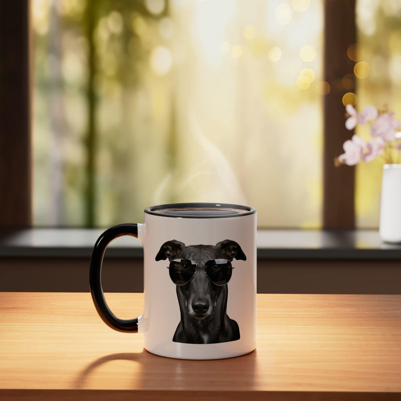 Greyhound Dog Sunglasses Cool Minimalist Pet Portrait Ceramic Mug, Black/White 11 Ounces
