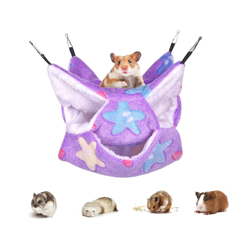 Petmolico Ferret Hammock Bed, Small Pets Warm Plush Three Tier Hanging Cage Hammock Hideout Ferret Accessories for Hamster Guinea Pig Rat Sugar Glider Star/Purple - PawsPlanet Australia