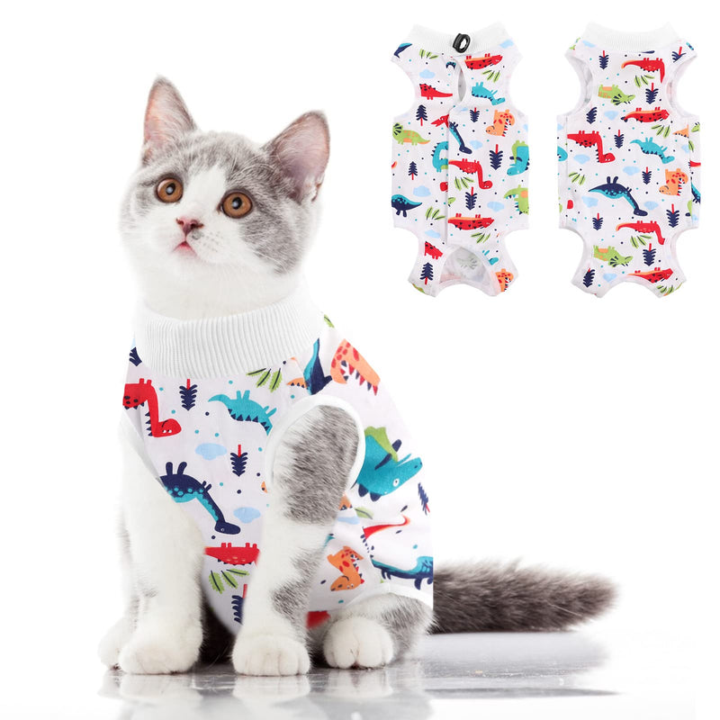 SUNFURA Cat Recovery Suit, Kitten Surgical Full Bodysuit for Abdominal Wound Protector Anti Licking After Surgery, Professional Bandages Cone E-Collar Alternative for Small Male & Female Pets Medium Colorful Dino