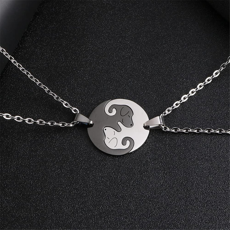 Dog Puppy Pendant Necklace Matching Animal Pet Yin Yang Puzzle Necklace for Women Men Long Distance Love Couple Friendship Necklace Jewelry 2Pcs Set 01 Dog Circle Silver Black - PawsPlanet Australia