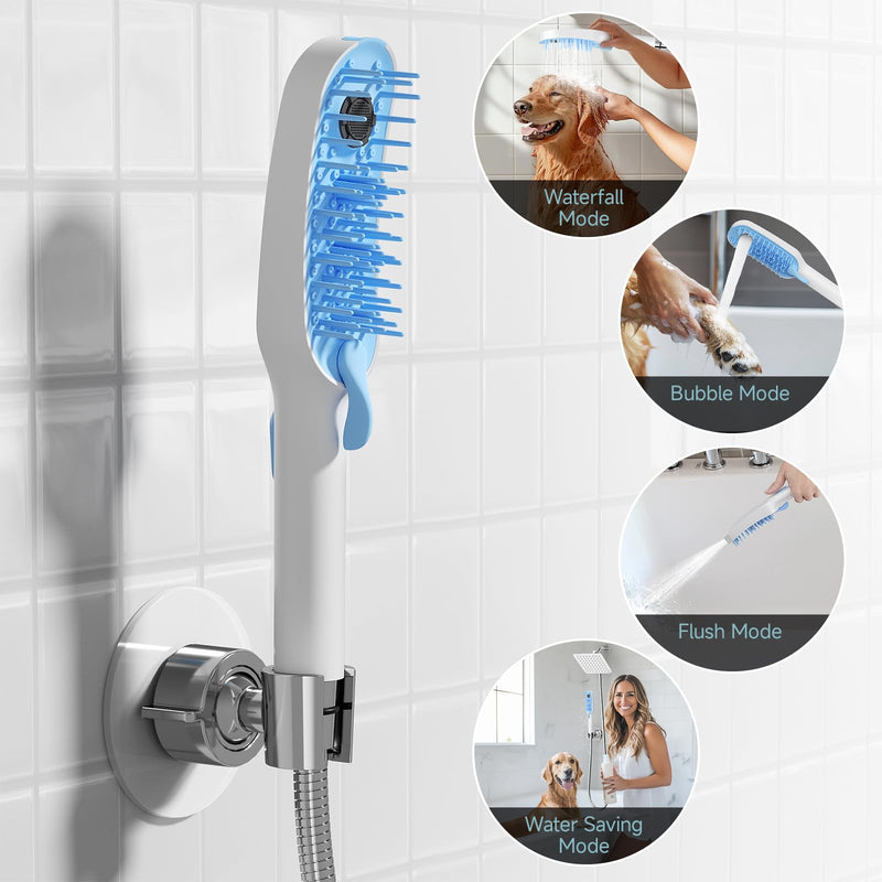 SR SUN RISE Dog Shower Attachment for Thick Haired Dogs, 4 Spray Mode Pet Bath Sprayer with Stainless Steel Diverter Valve & 6.5 Foot Hose, Indoor & Outdoor Dog Washing Grooming Supplies, Blue/White - PawsPlanet Australia