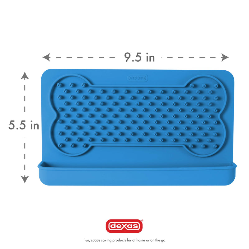 Dexas Snack & Distract Licking Mat with Catch Tray for Dogs and Cats-9.5"x 5.5", Pro Blue. Sticks to Most Slick or Smooth Surfaces. Eases Anxiety, Prevents Boredom, Entertains and Distracts. 9.5"x 5.5"