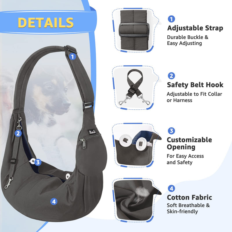 SlowTon Dog Carrier Sling - Thick Padded Shoulder Strap Adjustable Dog Carriers for Small Dogs, Puppy Carrier Purse for Pet Cat with Front Zipper Pocket Safety Belt Machine Washable (Grey L) A-Grey Cotton Fabric For Pets 12-16lbs - PawsPlanet Australia