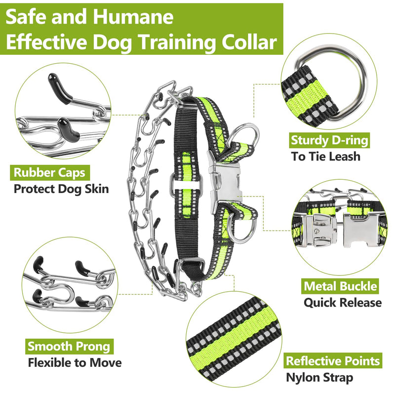 Tresbro Prong Training Collar for Dogs, Adjustable Dog Pinch Collar with Quick Release Buckle & Reflective Strap, No Pull Collar for Small Medium Large Dogs, Extra Link and Caps, Fluorescent Green, XL